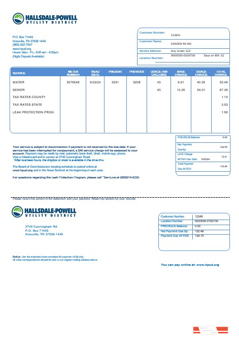 USA Hallsdale Powell business utility bill template in Word and PDF formats